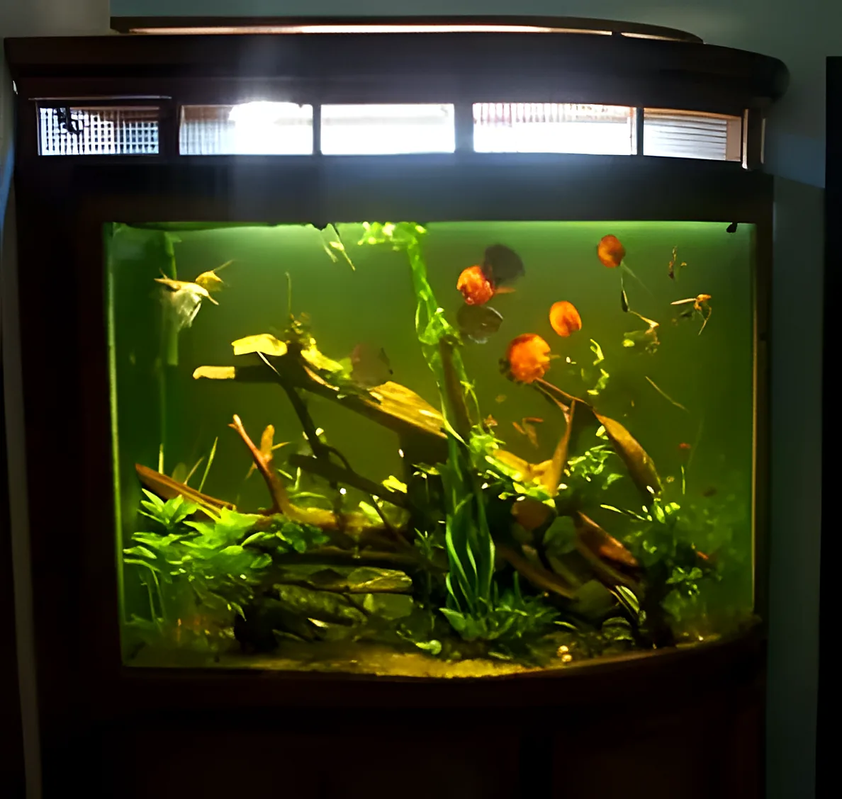 Bow-front corner aquarium with discus fish and driftwood